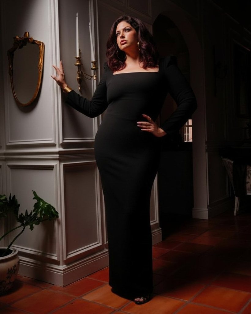 Barbara Queen in a black gown, standing in a paneled French salon